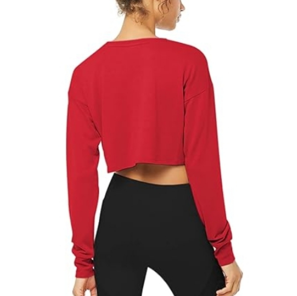 Bestisn Long Sleeve Crop Sweatshirt Top with Thumb Hole Red - Picture 2 of 5